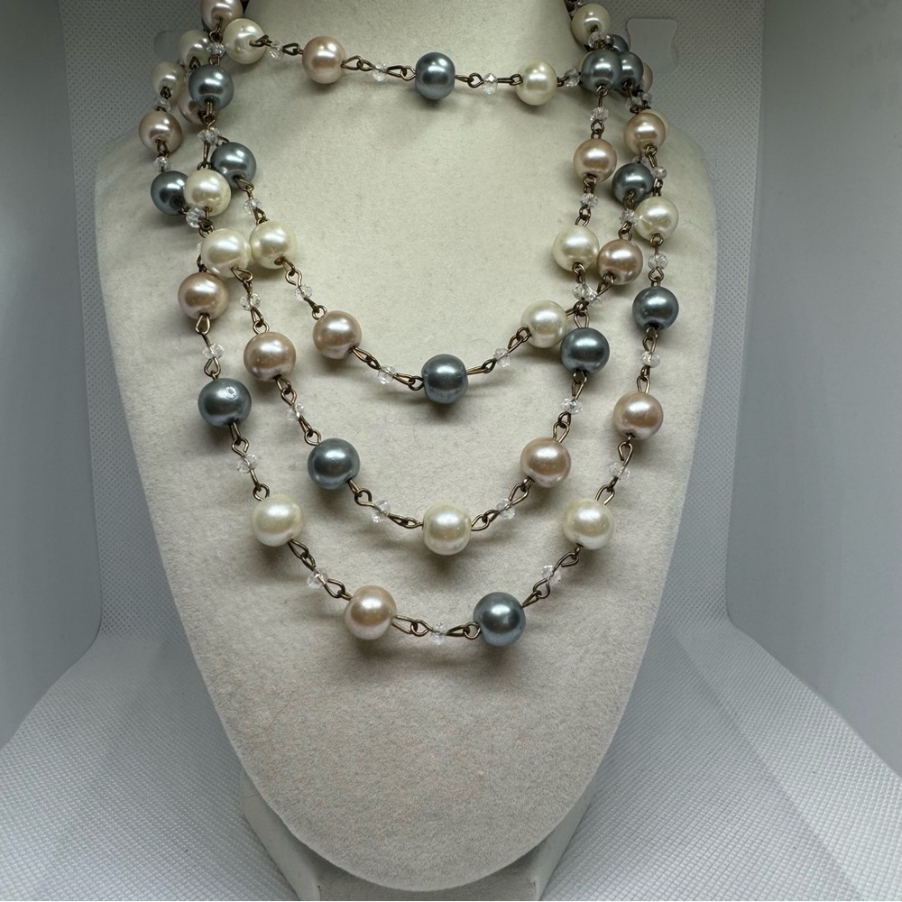 Very Long Necklace with Copper Links and White, Peach, and Gray Faux Pearls